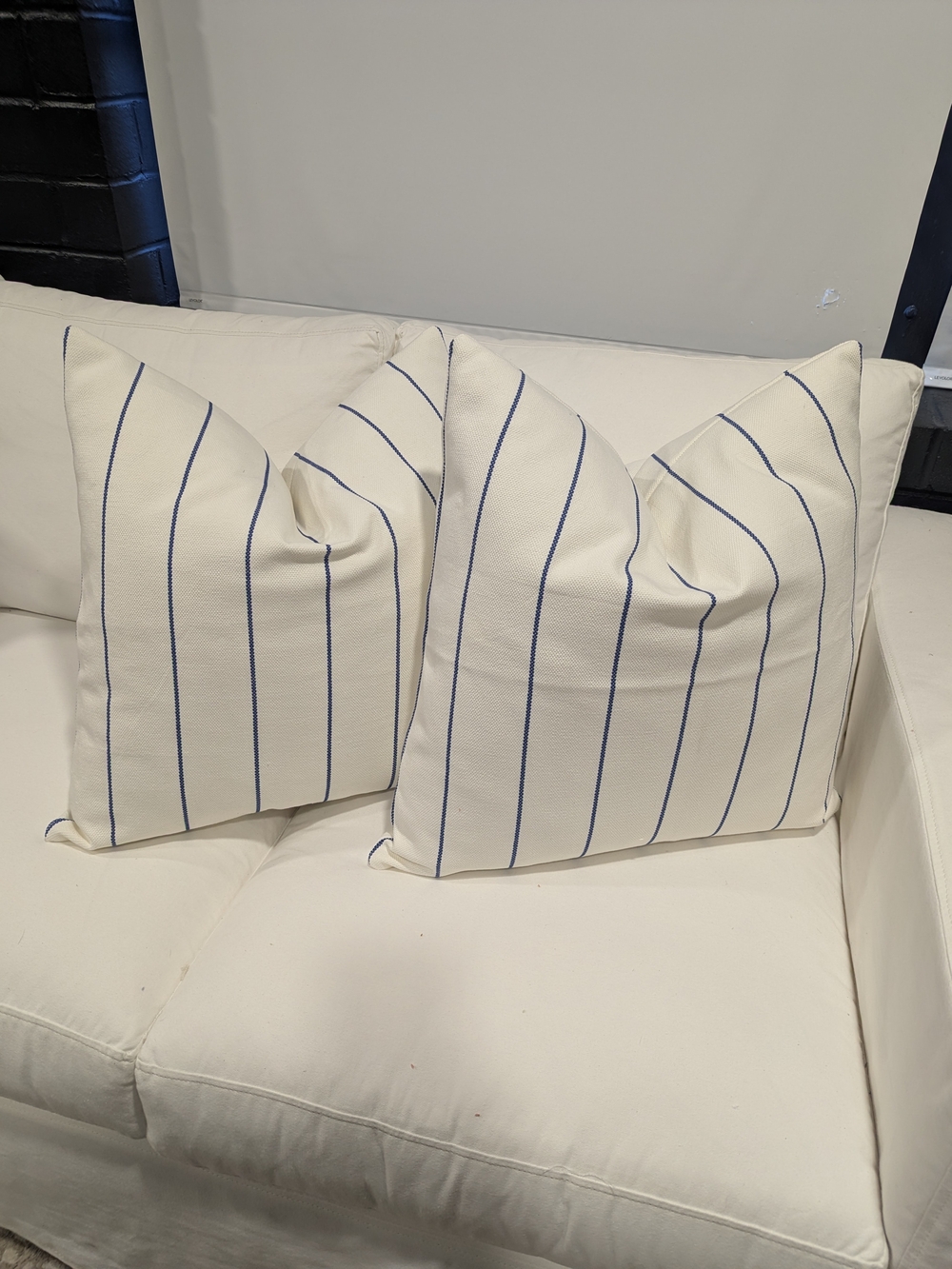 Cream Throw Pillow Pair with Navy Pinstripes - Home Accents Covers Only